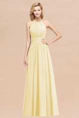 Elegant High-Neck Halter Long Affordable Bridesmaid Dresses with Ruffles-Babyonlines