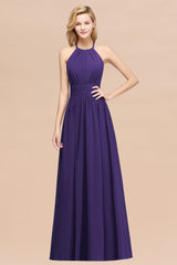 Elegant High-Neck Halter Long Affordable Bridesmaid Dresses with Ruffles-Babyonlines