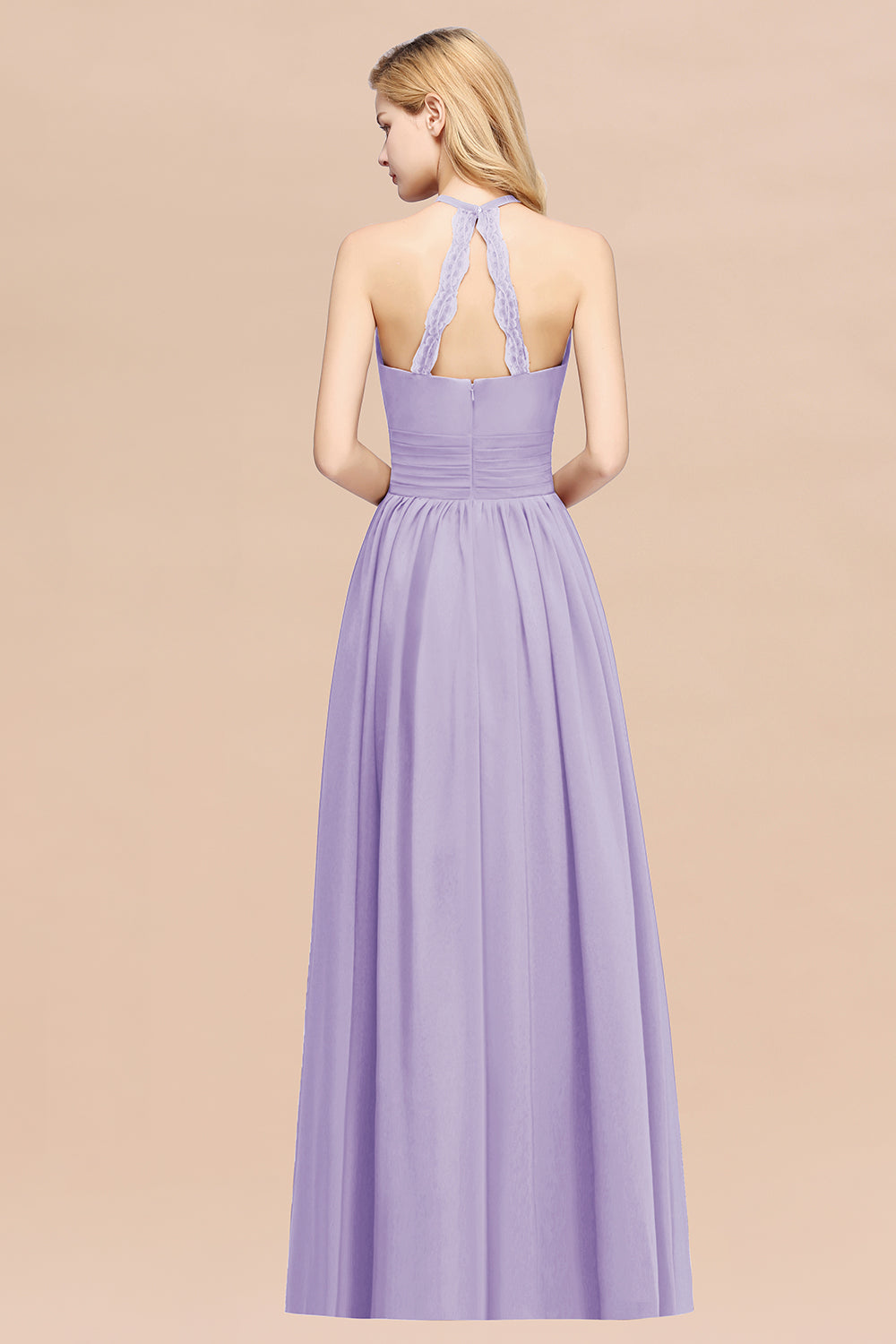 Elegant High-Neck Halter Long Affordable Bridesmaid Dresses with Ruffles-Babyonlines
