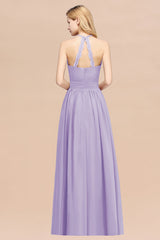 Elegant High-Neck Halter Long Affordable Bridesmaid Dresses with Ruffles-Babyonlines