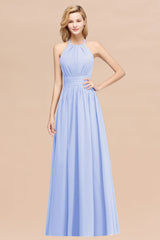 Elegant High-Neck Halter Long Affordable Bridesmaid Dresses with Ruffles-Babyonlines