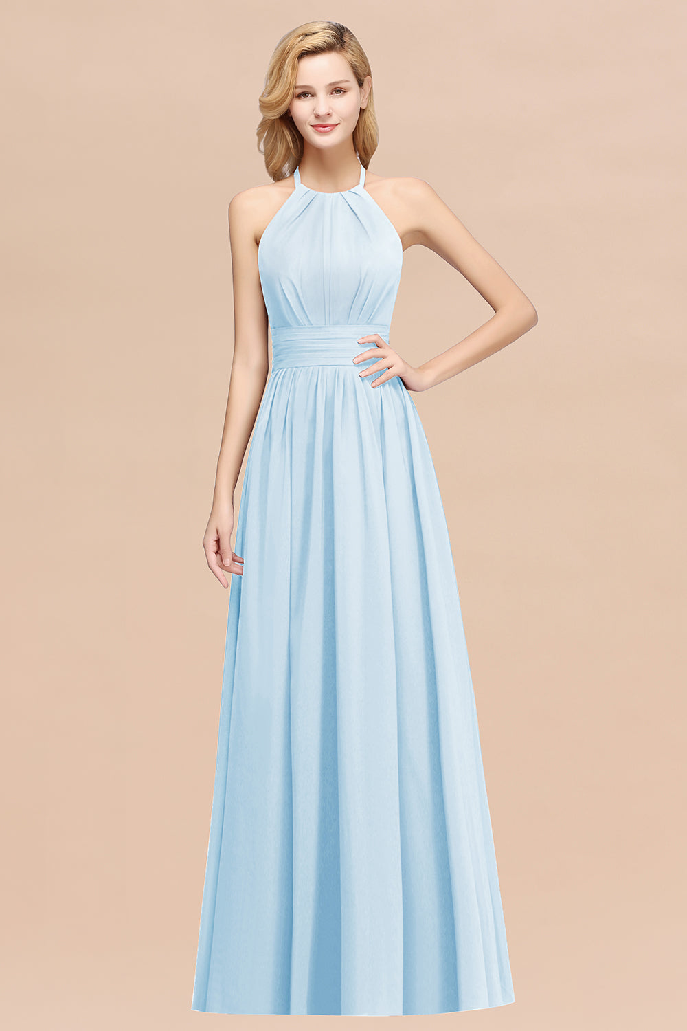 Elegant High-Neck Halter Long Affordable Bridesmaid Dresses with Ruffles-Babyonlines