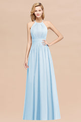 Elegant High-Neck Halter Long Affordable Bridesmaid Dresses with Ruffles-Babyonlines
