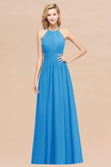 Elegant High-Neck Halter Long Affordable Bridesmaid Dresses with Ruffles-Babyonlines