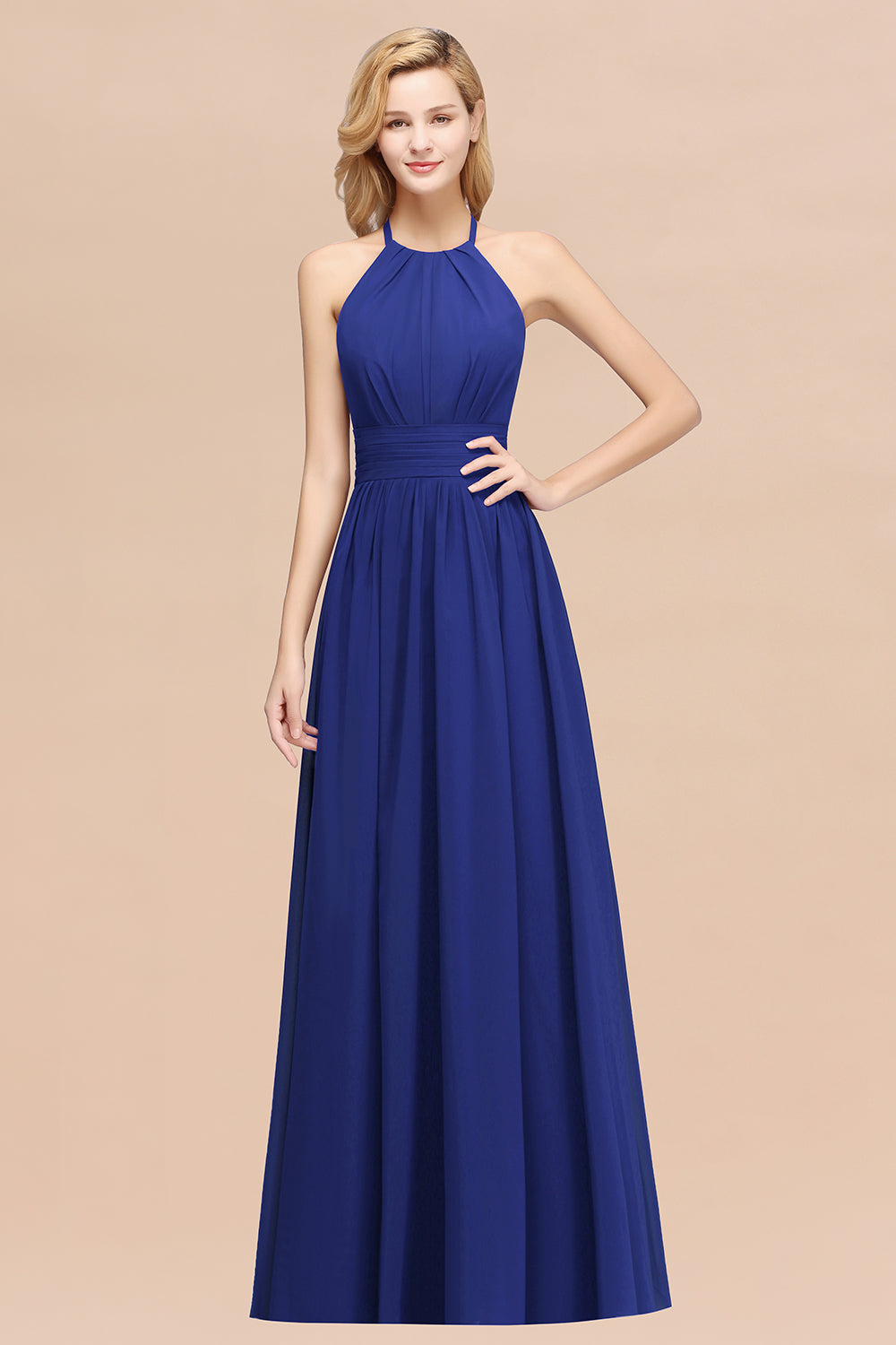 Elegant High-Neck Halter Long Affordable Bridesmaid Dresses with Ruffles-Babyonlines