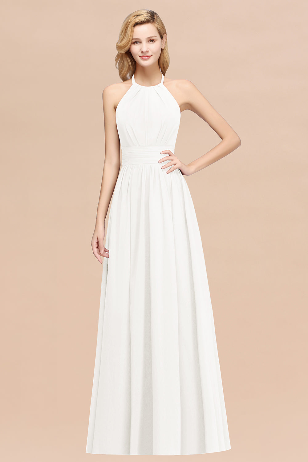 Elegant High-Neck Halter Long Affordable Bridesmaid Dresses with Ruffles-Babyonlines