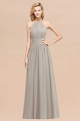 Elegant High-Neck Halter Long Affordable Bridesmaid Dresses with Ruffles-Babyonlines