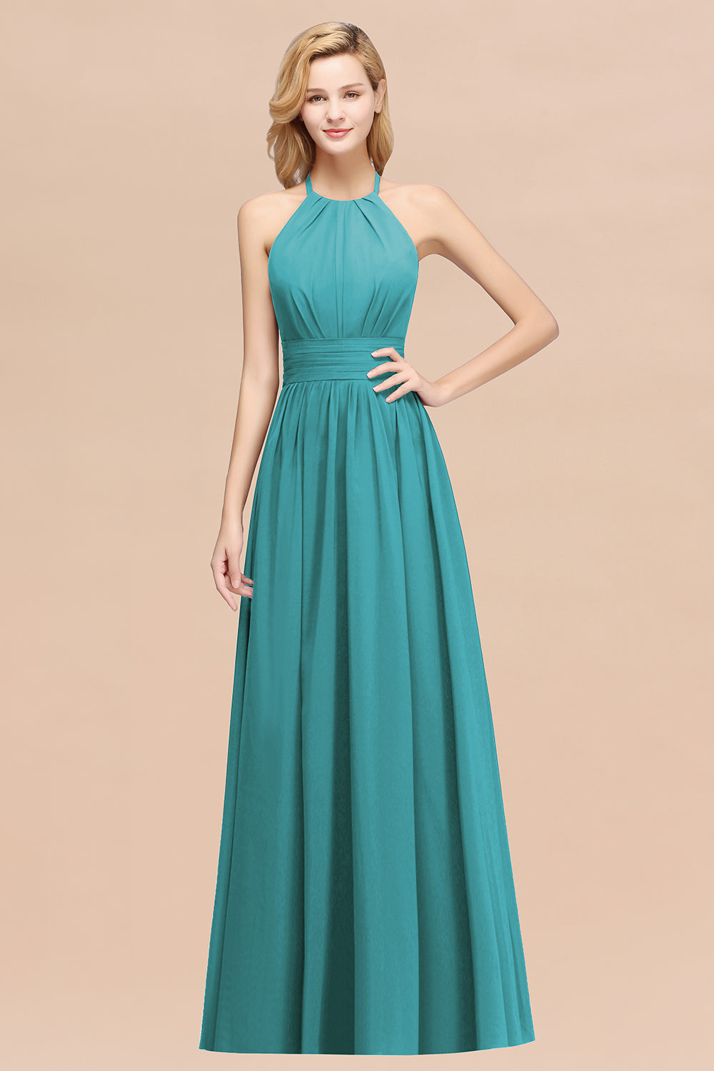 Elegant High-Neck Halter Long Affordable Bridesmaid Dresses with Ruffles-Babyonlines