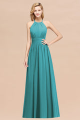 Elegant High-Neck Halter Long Affordable Bridesmaid Dresses with Ruffles-Babyonlines