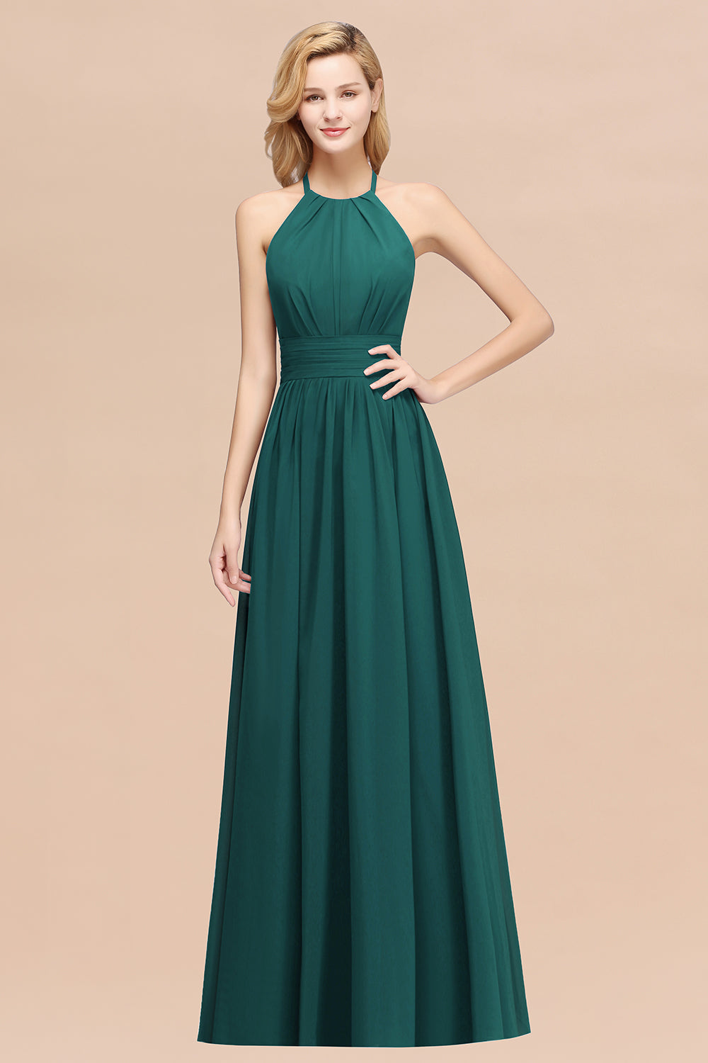 Elegant High-Neck Halter Long Affordable Bridesmaid Dresses with Ruffles-Babyonlines