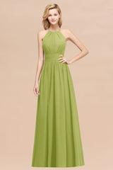 Elegant High-Neck Halter Long Affordable Bridesmaid Dresses with Ruffles-Babyonlines
