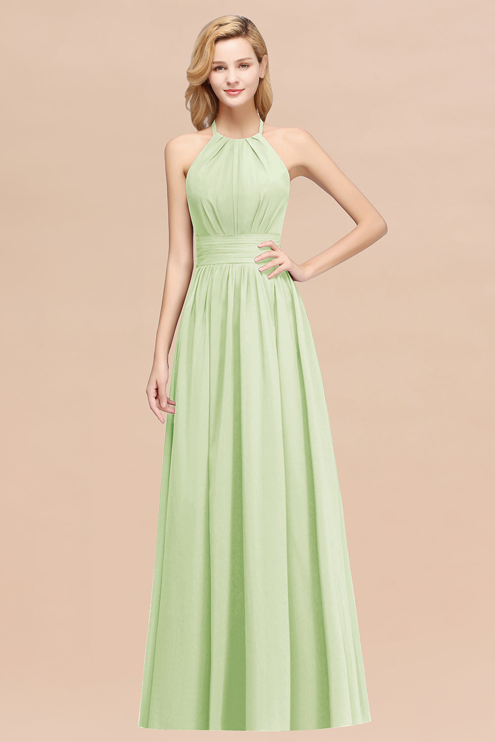 Elegant High-Neck Halter Long Affordable Bridesmaid Dresses with Ruffles-Babyonlines