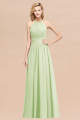 Elegant High-Neck Halter Long Affordable Bridesmaid Dresses with Ruffles-Babyonlines
