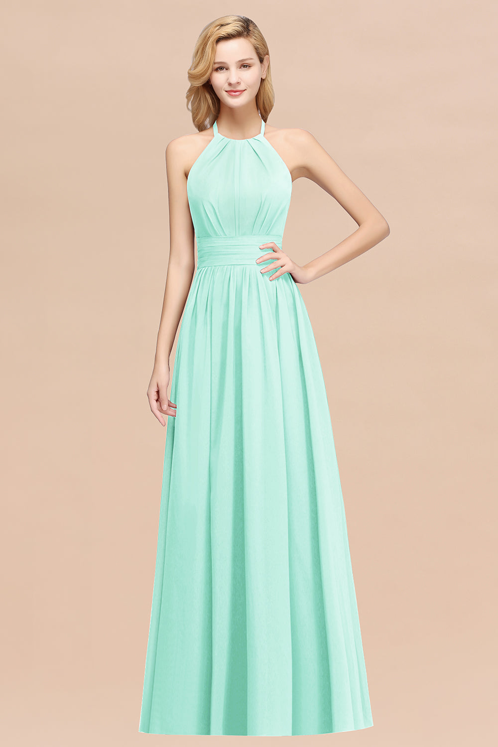 Elegant High-Neck Halter Long Affordable Bridesmaid Dresses with Ruffles-Babyonlines