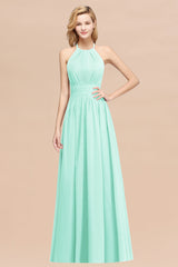 Elegant High-Neck Halter Long Affordable Bridesmaid Dresses with Ruffles-Babyonlines