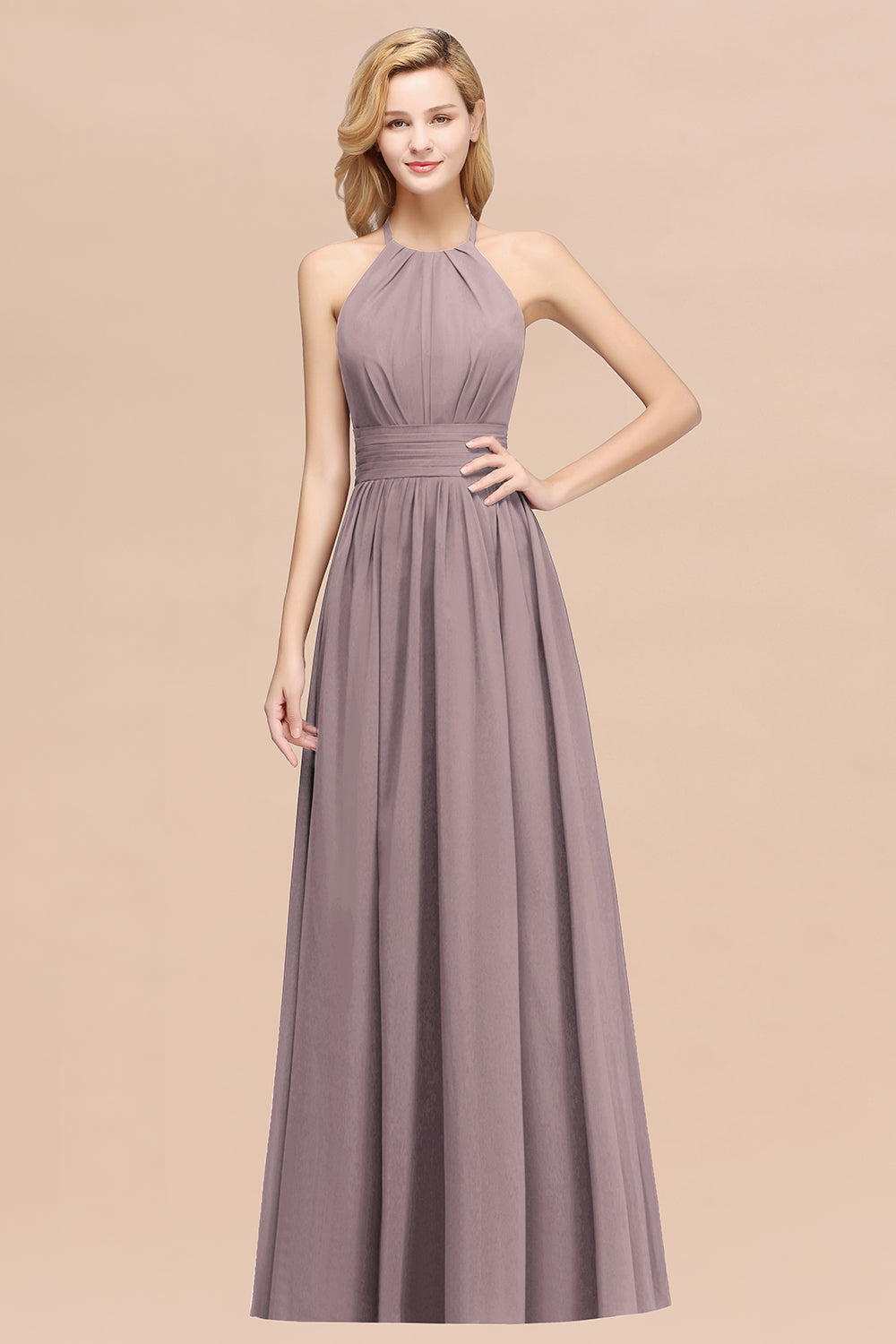 Elegant High-Neck Halter Long Affordable Bridesmaid Dresses with Ruffles-Babyonlines