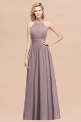 Elegant High-Neck Halter Long Affordable Bridesmaid Dresses with Ruffles-Babyonlines