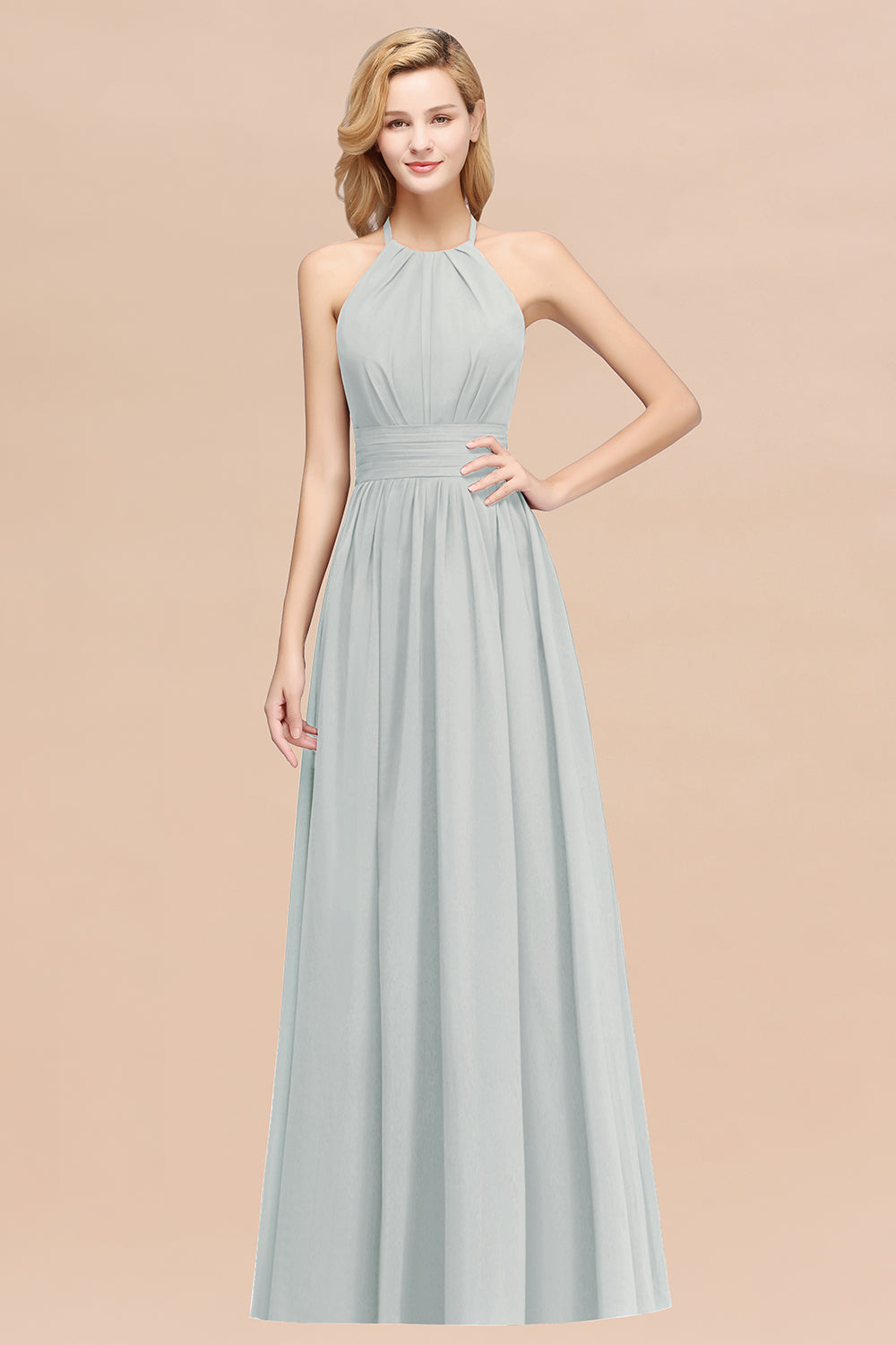 Elegant High-Neck Halter Long Affordable Bridesmaid Dresses with Ruffles-Babyonlines