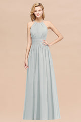 Elegant High-Neck Halter Long Affordable Bridesmaid Dresses with Ruffles-Babyonlines