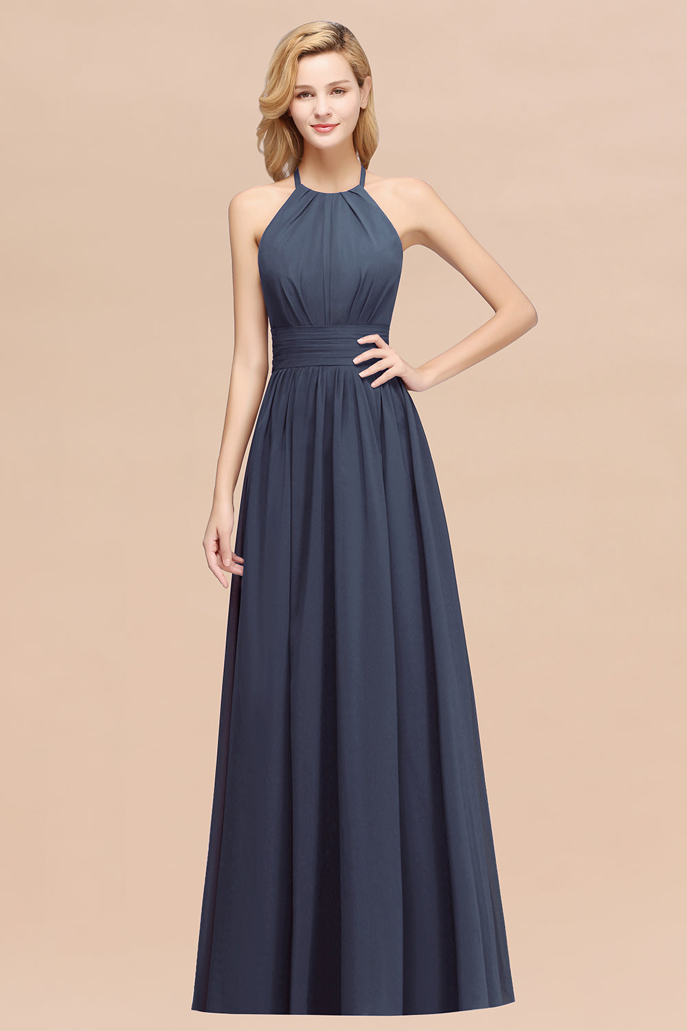Elegant High-Neck Halter Long Affordable Bridesmaid Dresses with Ruffles-Babyonlines