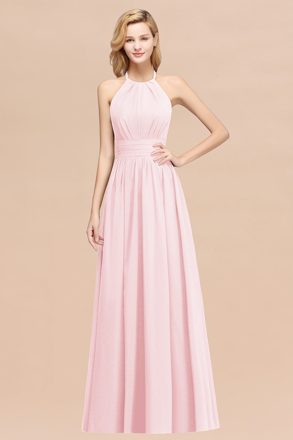 Elegant High-Neck Halter Long Affordable Bridesmaid Dresses with Ruffles-Babyonlines