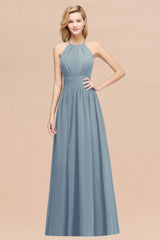 Elegant High-Neck Halter Long Affordable Bridesmaid Dresses with Ruffles-Babyonlines