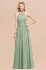 Elegant High-Neck Halter Long Affordable Bridesmaid Dresses with Ruffles-Babyonlines