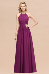 Elegant High-Neck Halter Long Affordable Bridesmaid Dresses with Ruffles-Babyonlines