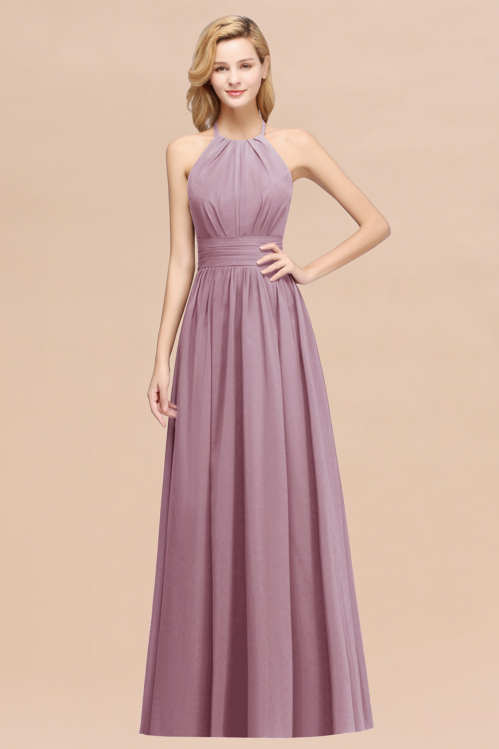 Elegant High-Neck Halter Long Affordable Bridesmaid Dresses with Ruffles-Babyonlines