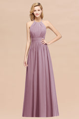 Elegant High-Neck Halter Long Affordable Bridesmaid Dresses with Ruffles-Babyonlines