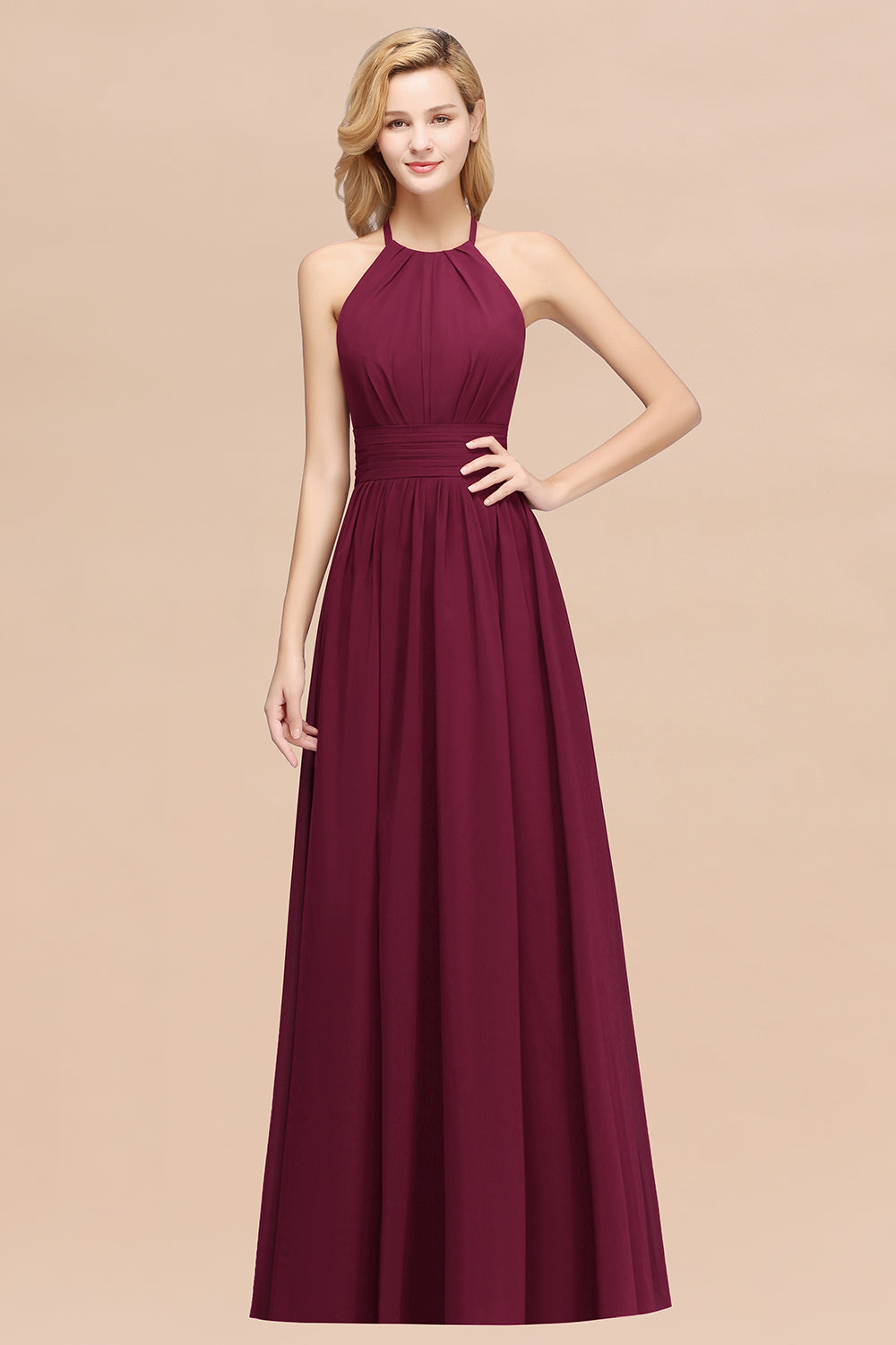 Elegant High-Neck Halter Long Affordable Bridesmaid Dresses with Ruffles-Babyonlines