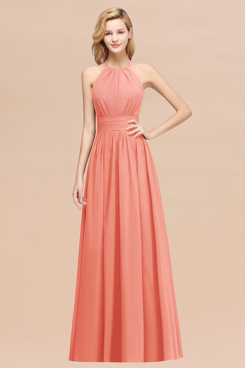 Elegant High-Neck Halter Long Affordable Bridesmaid Dresses with Ruffles-Babyonlines