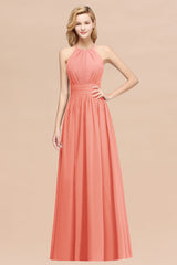 Elegant High-Neck Halter Long Affordable Bridesmaid Dresses with Ruffles-Babyonlines