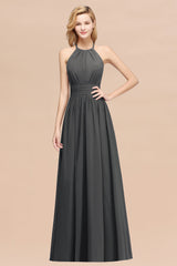 Elegant High-Neck Halter Long Affordable Bridesmaid Dresses with Ruffles-Babyonlines