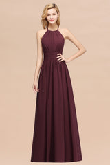 Elegant High-Neck Halter Long Affordable Bridesmaid Dresses with Ruffles-Babyonlines