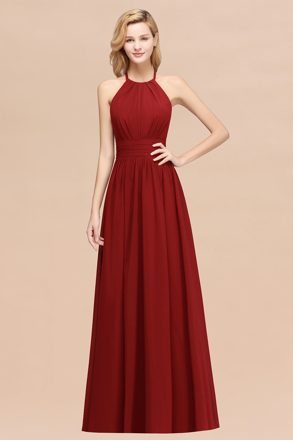 Elegant High-Neck Halter Long Affordable Bridesmaid Dresses with Ruffles-Babyonlines