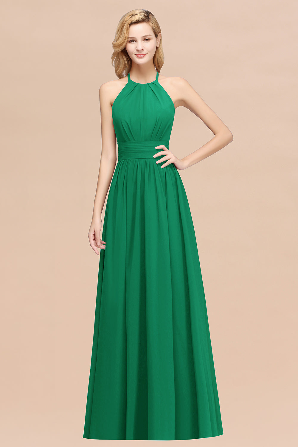 Elegant High-Neck Halter Long Affordable Bridesmaid Dresses with Ruffles-Babyonlines