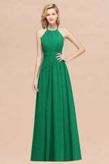 Elegant High-Neck Halter Long Affordable Bridesmaid Dresses with Ruffles-Babyonlines