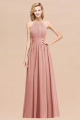 Elegant High-Neck Halter Long Affordable Bridesmaid Dresses with Ruffles-Babyonlines