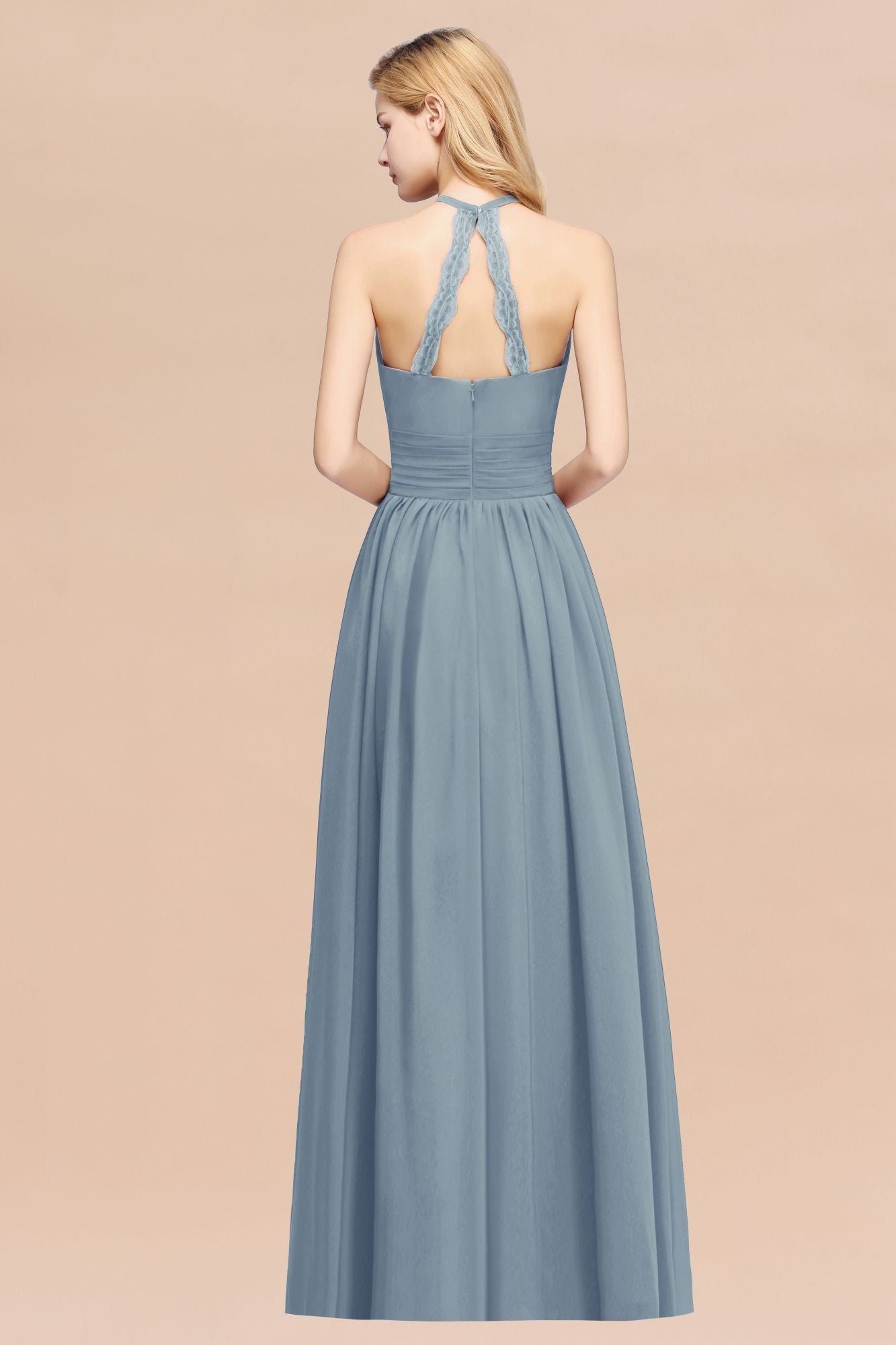 Elegant High-Neck Halter Long Affordable Bridesmaid Dresses with Ruffles-Babyonlines