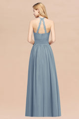 Elegant High-Neck Halter Long Affordable Bridesmaid Dresses with Ruffles-Babyonlines