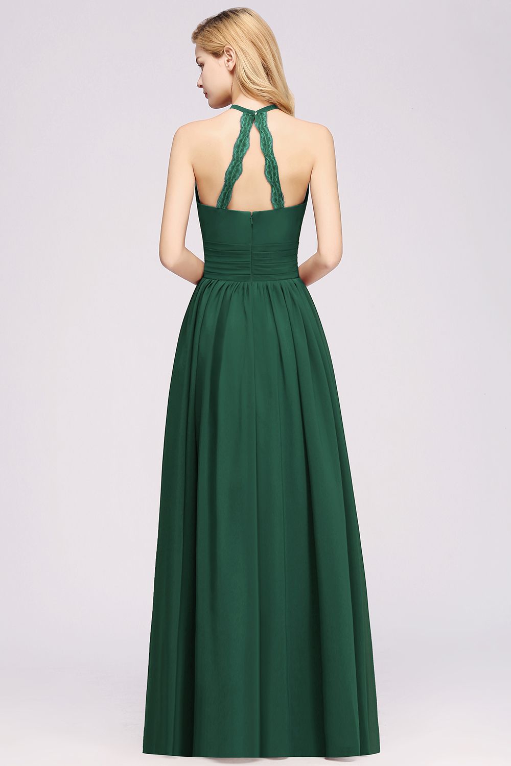 Elegant High-Neck Halter Long Affordable Bridesmaid Dresses with Ruffles-Babyonlines