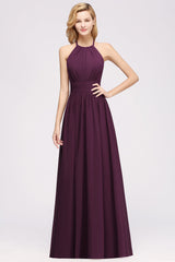 Elegant High-Neck Halter Long Affordable Bridesmaid Dresses with Ruffles-Babyonlines