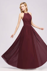 Elegant High-Neck Halter Long Affordable Bridesmaid Dresses with Ruffles-Babyonlines