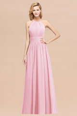 Elegant High-Neck Halter Long Affordable Bridesmaid Dresses with Ruffles-Babyonlines