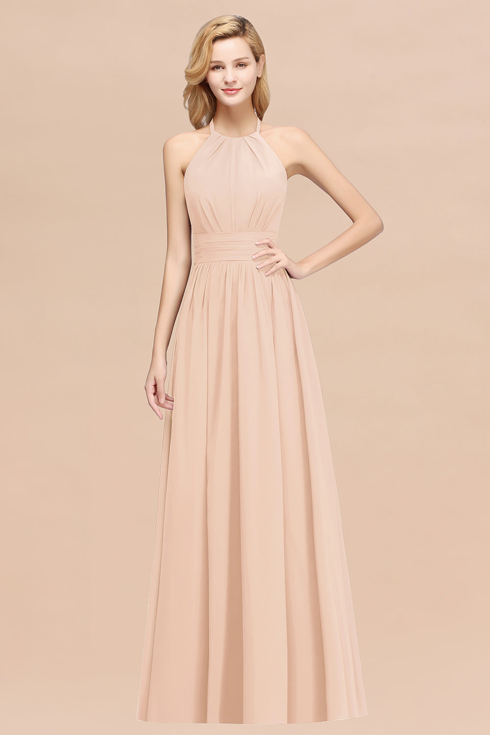 Elegant High-Neck Halter Long Affordable Bridesmaid Dresses with Ruffles-Babyonlines