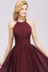 Elegant High-Neck Halter Long Affordable Bridesmaid Dresses with Ruffles-Babyonlines