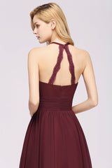 Elegant High-Neck Halter Long Affordable Bridesmaid Dresses with Ruffles-Babyonlines