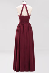 Elegant High-Neck Halter Long Affordable Bridesmaid Dresses with Ruffles-Babyonlines