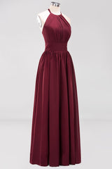 Elegant High-Neck Halter Long Affordable Bridesmaid Dresses with Ruffles-Babyonlines